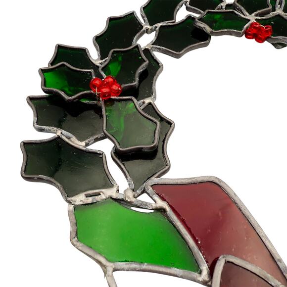 Handmade Vintage 12" Stained Glass Christmas Holiday Wreath Green/Red Decor - Picture 4 of 9